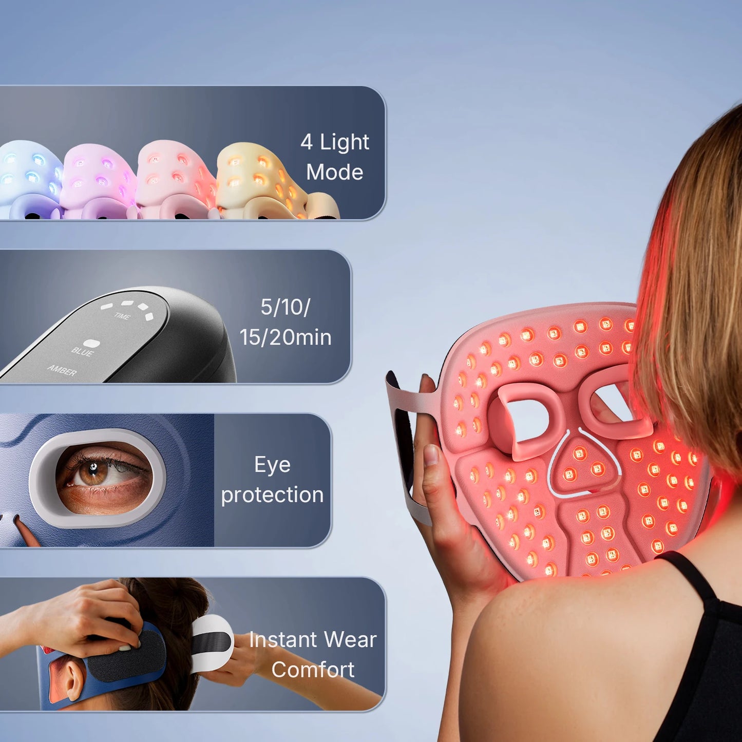 Femme portant un masque LED à lumière rouge pour sa routine de soin du soir