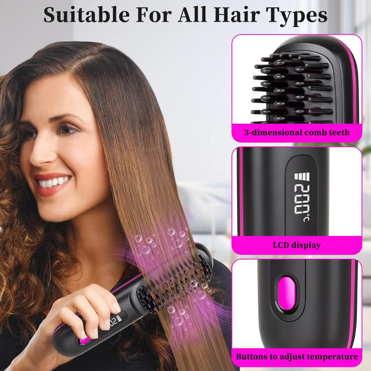 Lisseur brosse sans fil en céramique pour cheveux lisses